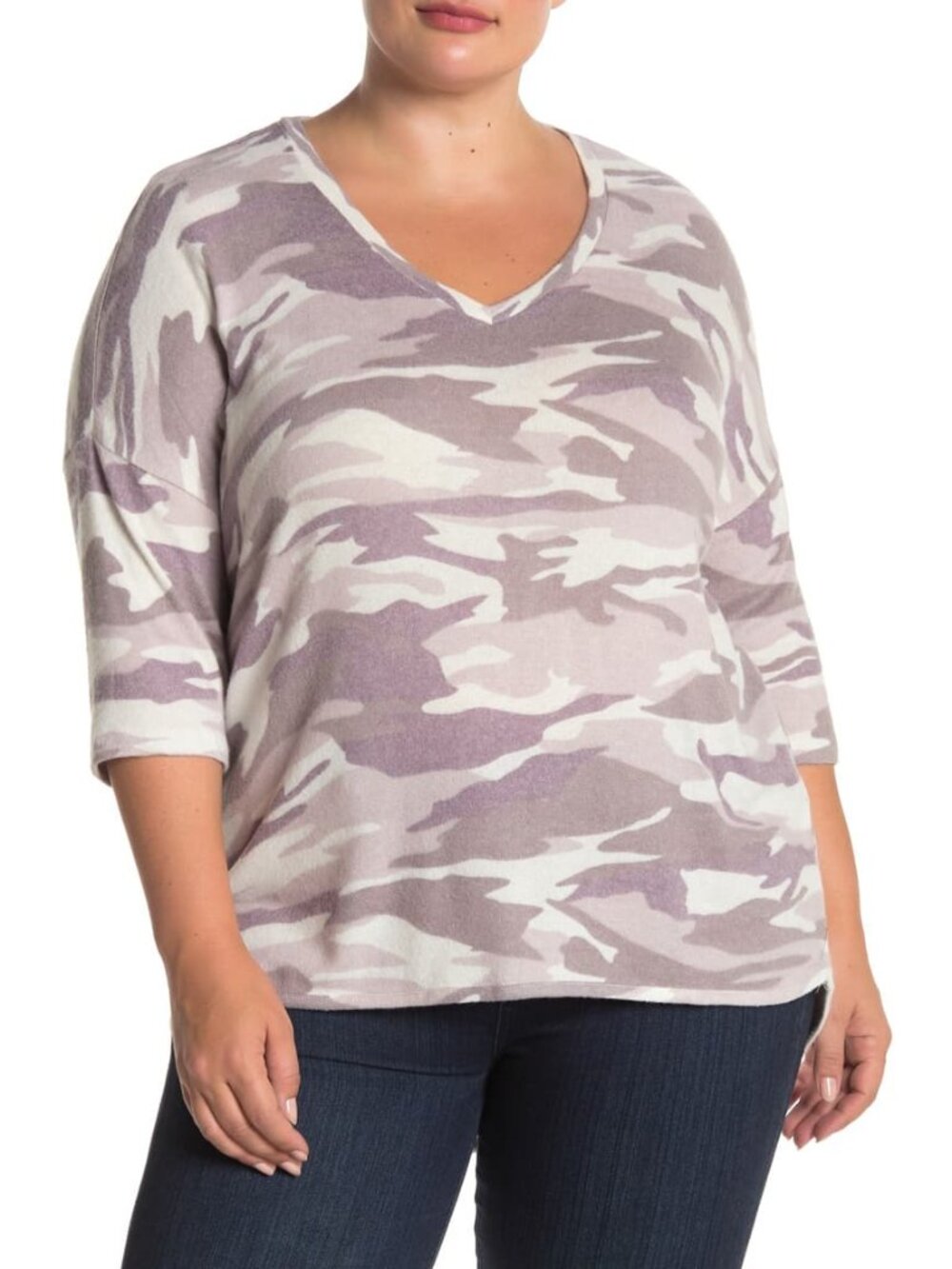Premise Nordstrom Camo V-Neck Sweater ¾ Sleeve High Low Knit Gray White Size 1X